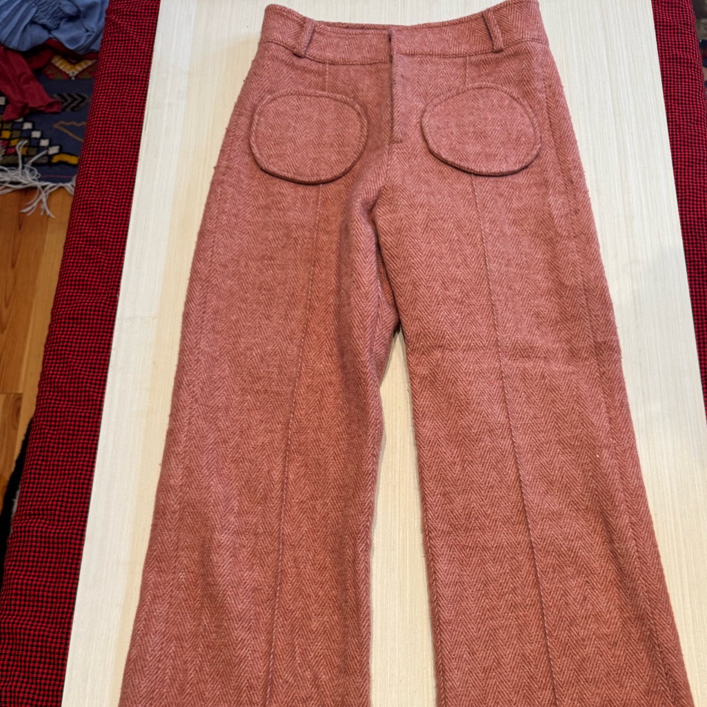 Pink Wool Herringbone Destree Pants With Circle Pockets